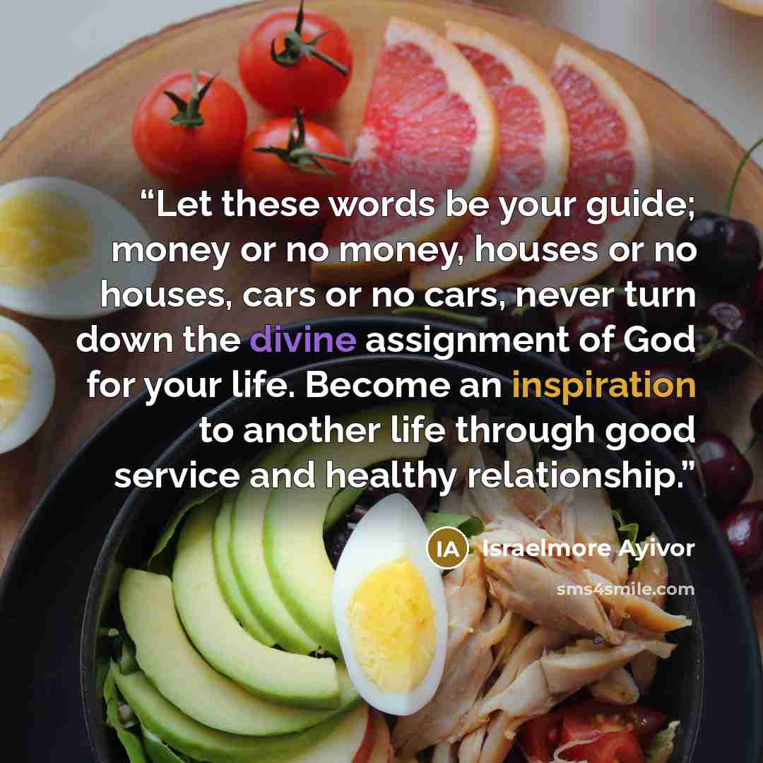 “Let these words be your guide; money or no money, houses or no houses, cars or no cars, never turn down the divine assignment of God for your life. Become an inspiration to another life through good service and healthy relationship.” quote by Israelmore Ayivor