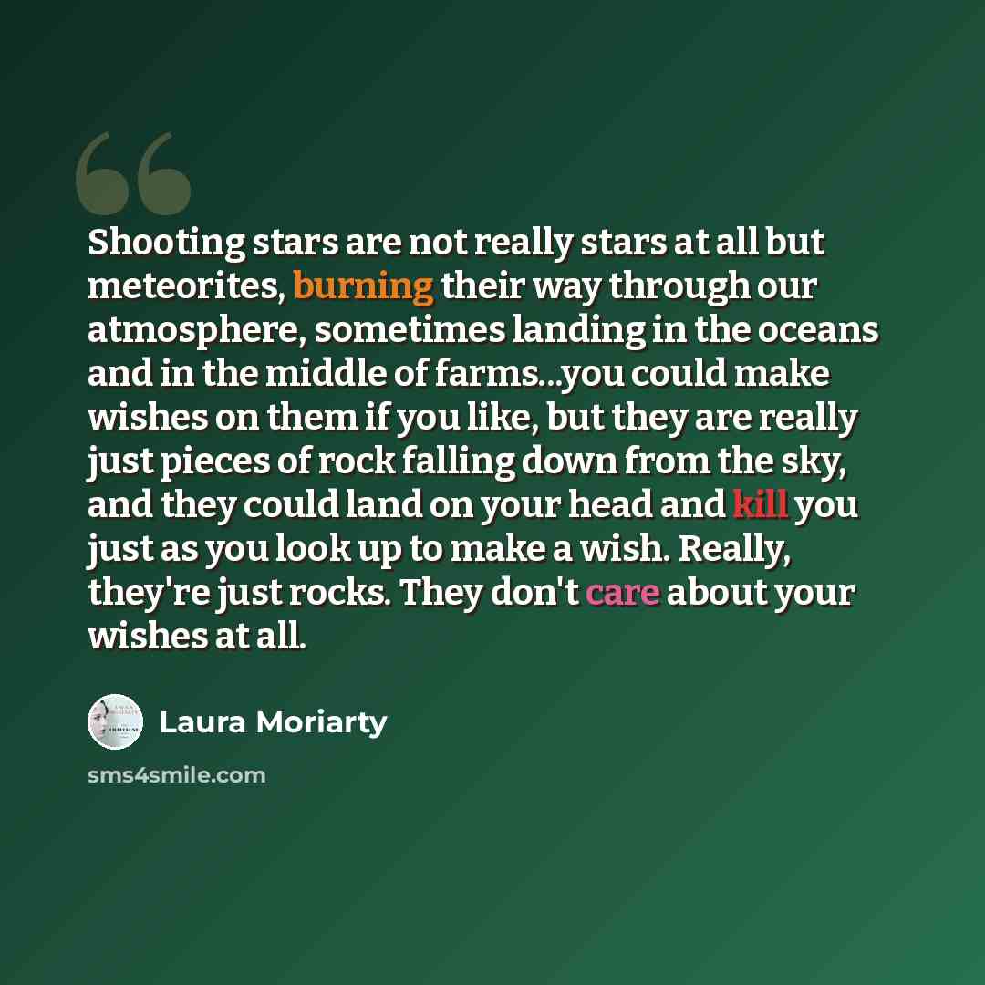 “Shooting stars are not really stars at all but meteorites, burning their way through our atmosphere, sometimes landing in the oceans and in the middle of farms...you could make wishes on them if you like, but they are really just pieces of rock falling down from the sky, and they could land on…” quote by Laura Moriarty