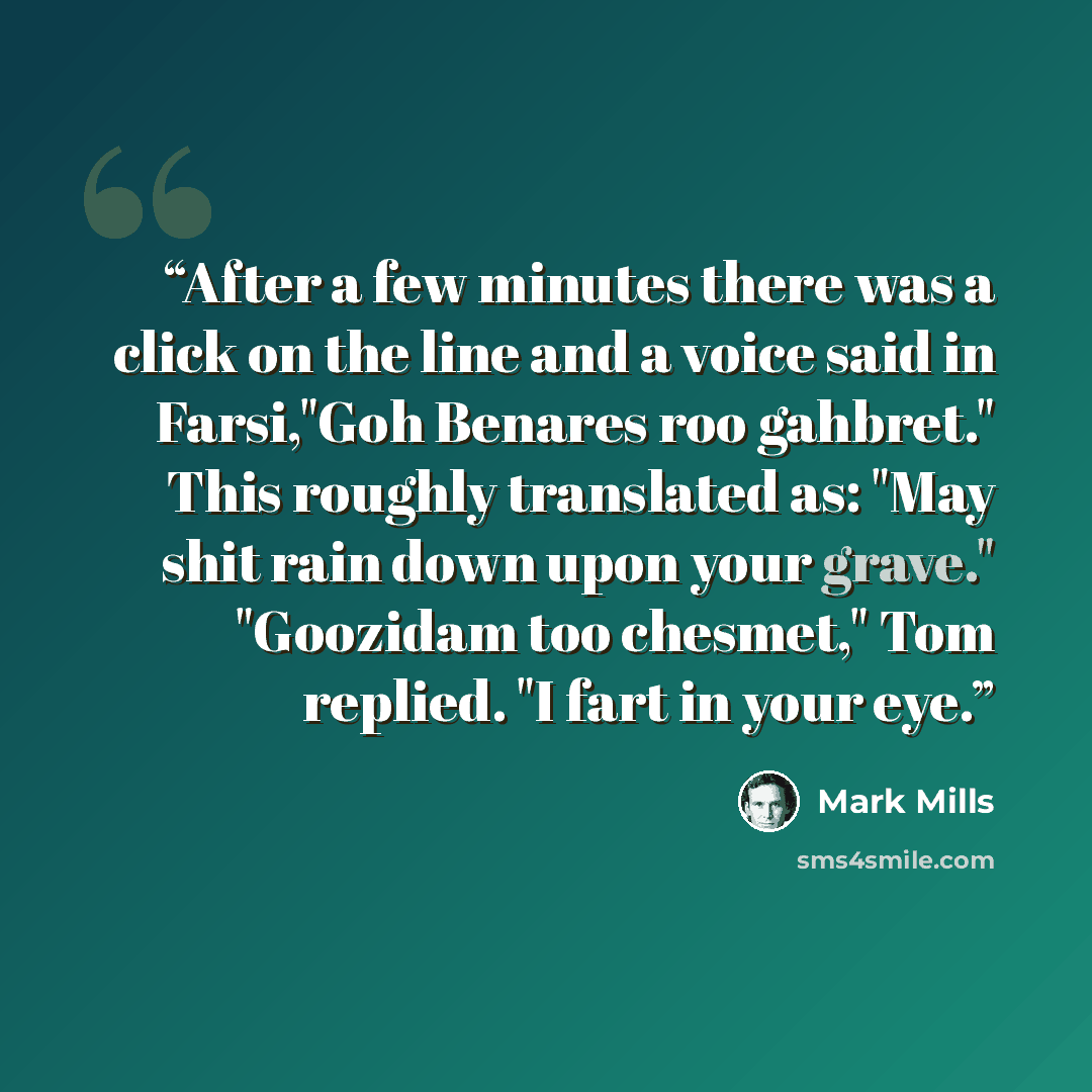 “After a few minutes there was a click on the line and a voice said in Farsi,"Goh Benares roo gahbret." This roughly translated as: "May shit rain down upon your grave." "Goozidam too chesmet," Tom replied. "I fart in your eye.” quote by Mark Mills