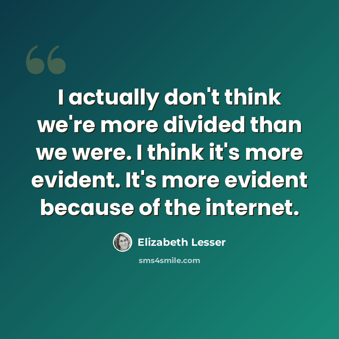 “I actually don't think we're more divided than we were. I think it's more evident. It's more evident because of the internet.” quote by Elizabeth Lesser