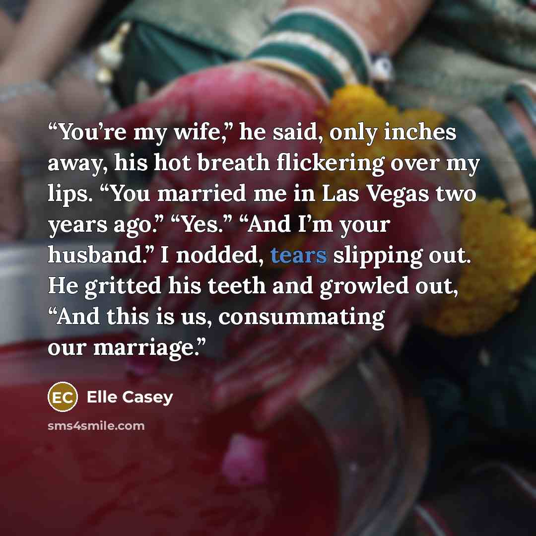 “You’re my wife,” he said, only inches away, his hot breath flickering over my lips. “You married me in Las Vegas two years ago.” “Yes.” “And I’m your husband.” I nodded, tears slipping out. He gritted his teeth and growled out, “And this is us, consummating our marriage.” quote by Elle Casey