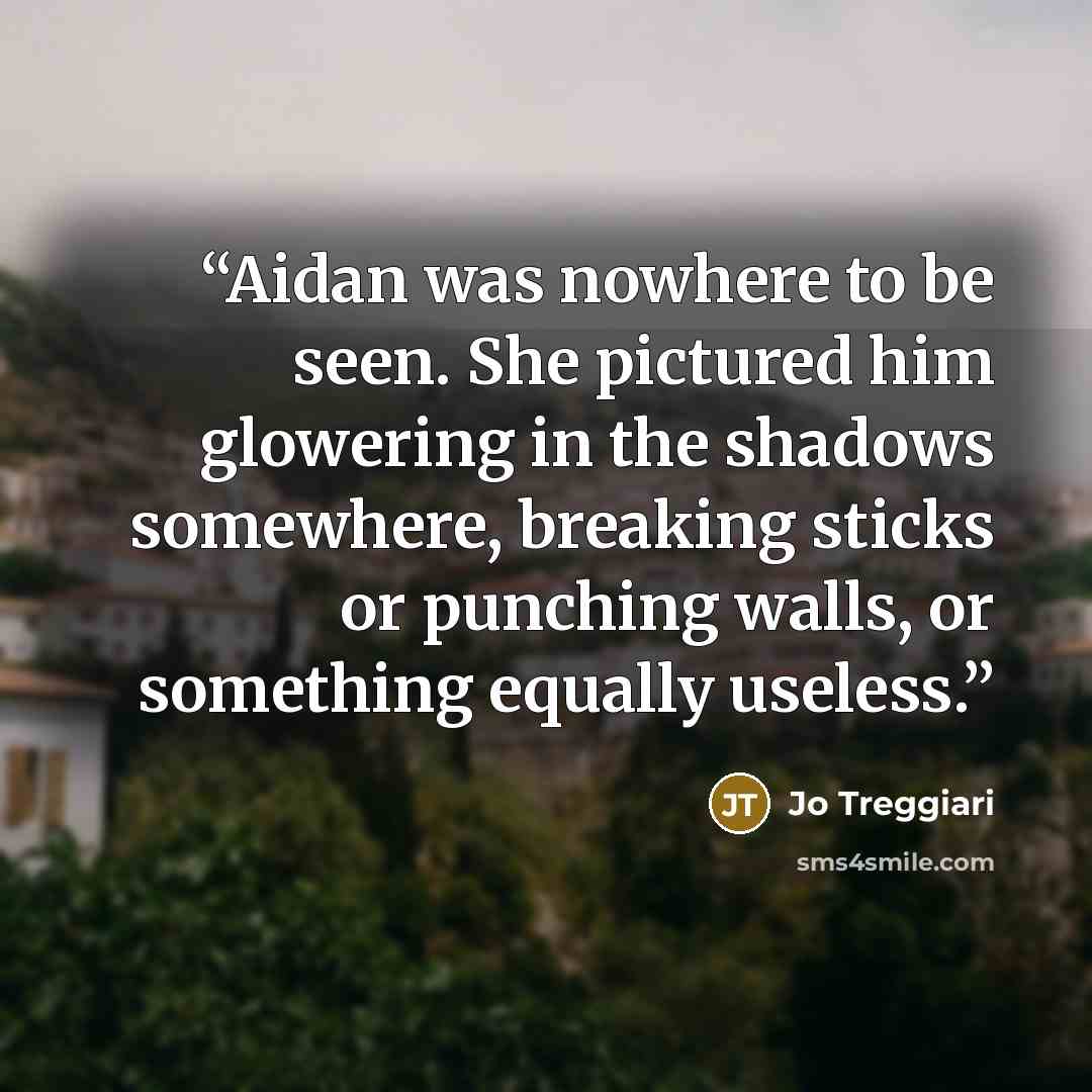 “Aidan was nowhere to be seen. She pictured him glowering in the shadows somewhere, breaking sticks or punching walls, or something equally useless.” quote by Jo Treggiari