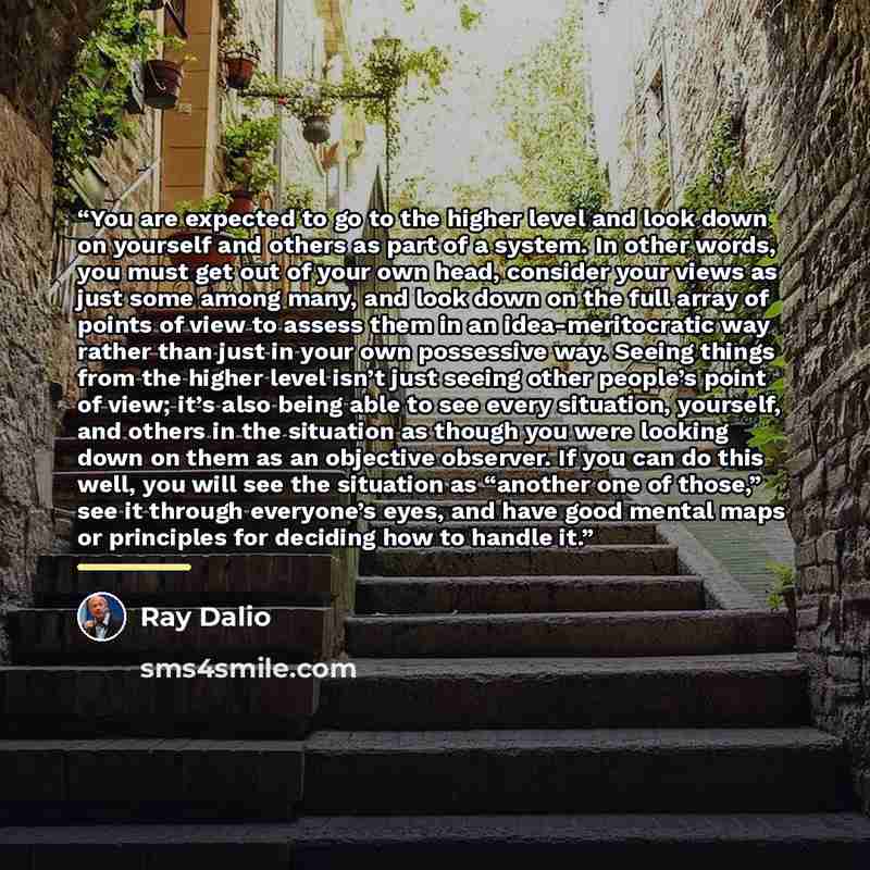 “You are expected to go to the higher level and look down on yourself and others as part of a system. In other words, you must get out of your own head, consider your views as just some among many, and look down on the full array of points of view to assess them in an idea-meritocratic way rather…” quote by Ray Dalio