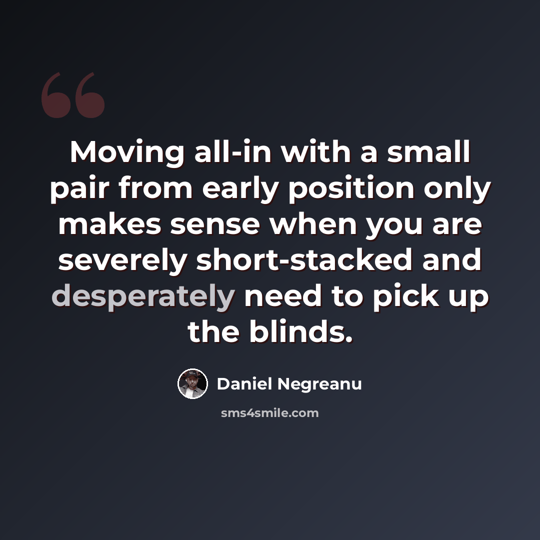 “Moving all-in with a small pair from early position only makes sense when you are severely short-stacked and desperately need to pick up the blinds.” quote by Daniel Negreanu