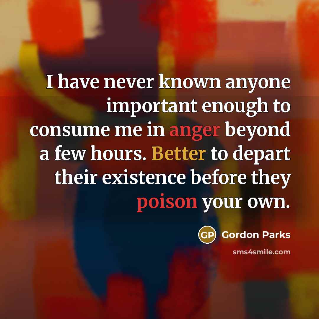 “I have never known anyone important enough to consume me in anger beyond a few hours. Better to depart their existence before they poison your own.” quote by Gordon Parks