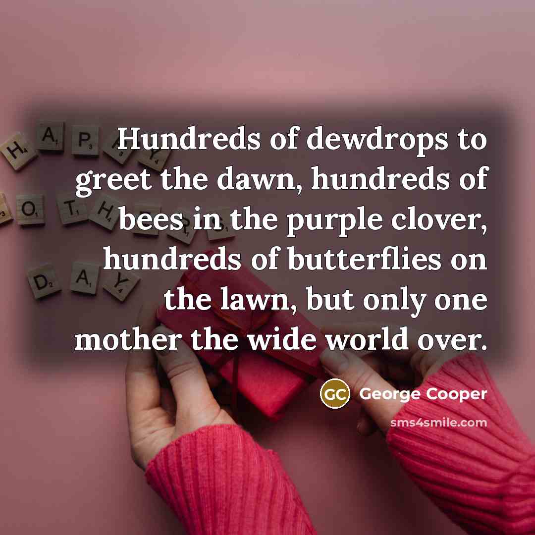 “Hundreds of dewdrops to greet the dawn, hundreds of bees in the purple clover, hundreds of butterflies on the lawn, but only one mother the wide world over.” quote by George Cooper