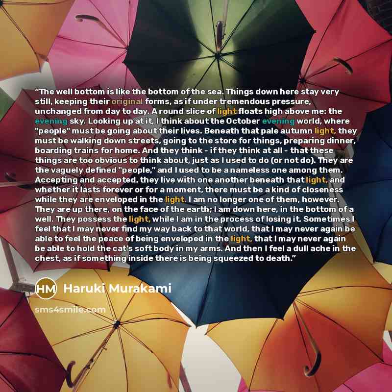 “The well bottom is like the bottom of the sea. Things down here stay very still, keeping their original forms, as if under tremendous pressure, unchanged from day to day. A round slice of light floats high above me: the evening sky. Looking up at it, I think about the October evening world, where…” quote by Haruki Murakami