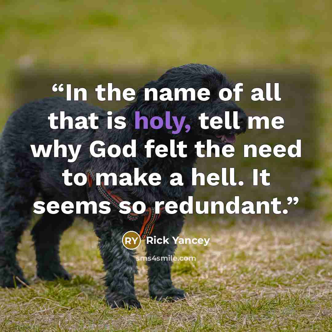 “In the name of all that is holy, tell me why God felt the need to make a hell. It seems so redundant.” quote by Rick Yancey