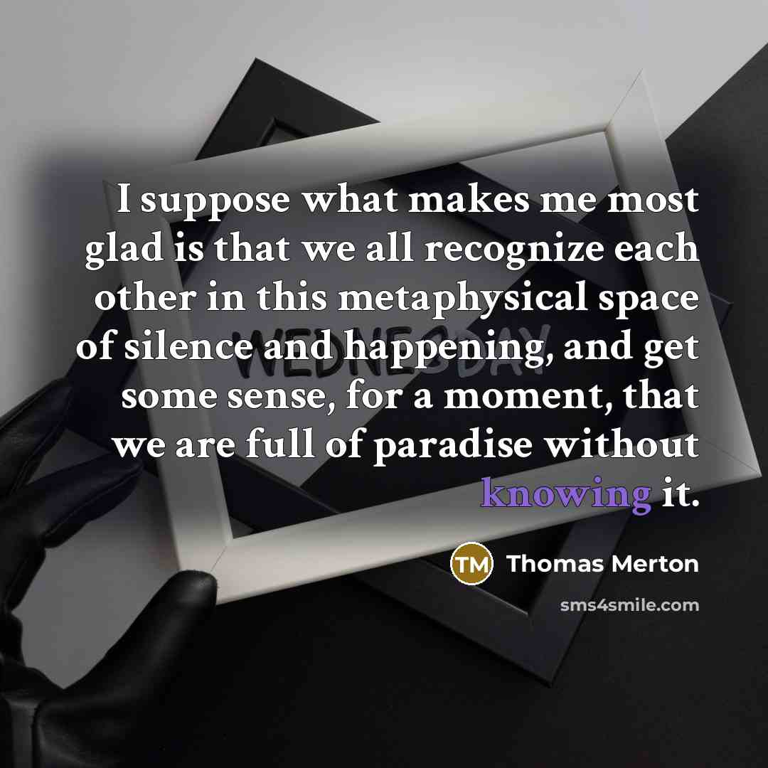 “I suppose what makes me most glad is that we all recognize each other in this metaphysical space of silence and happening, and get some sense, for a moment, that we are full of paradise without knowing it.” quote by Thomas Merton