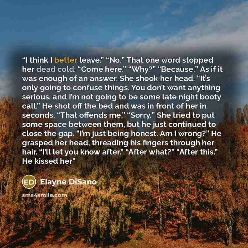 “I think I better leave.” “No.” That one word stopped her dead cold. “Come here.” “Why?” “Because.” As if it was enough of an answer. She shook her head. “It’s only going to confuse things. You don’t want anything serious, and I’m not going to be some late night booty call.” He shot off the bed and…” quote by Elayne DiSano