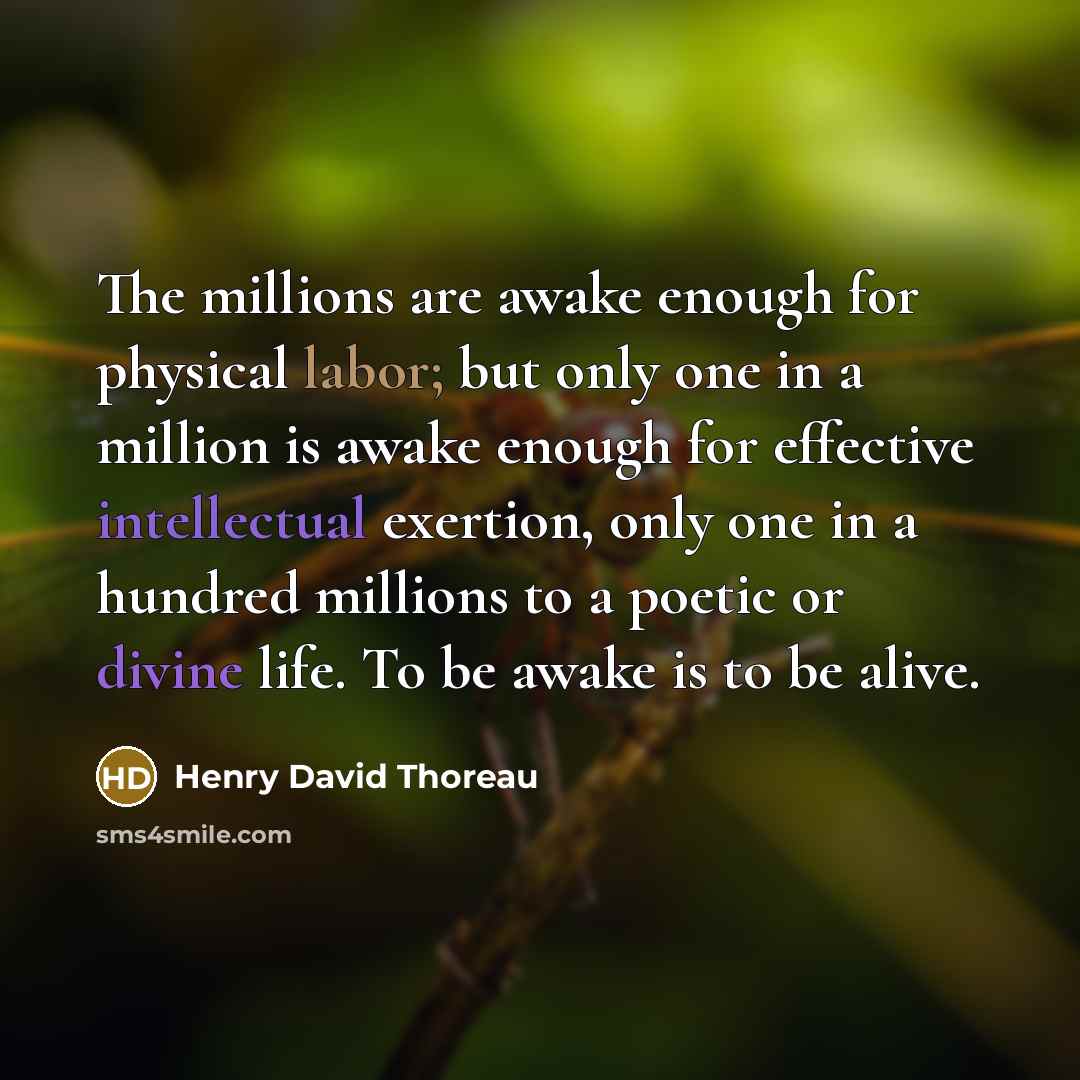 “The millions are awake enough for physical labor; but only one in a million is awake enough for effective intellectual exertion, only one in a hundred millions to a poetic or divine life. To be awake is to be alive.” quote by Henry David Thoreau