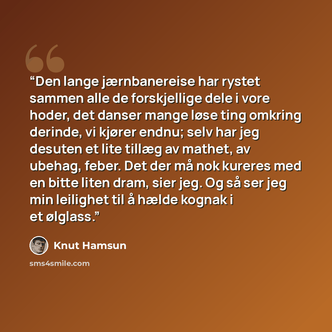 “Den lange jærnbanereise har rystet sammen alle de forskjellige dele i vore hoder, det danser mange løse ting omkring derinde, vi kjører endnu; selv har jeg desuten et lite tillæg av mathet, av ubehag, feber. Det der må nok kureres med en bitte liten dram, sier jeg. Og så ser jeg min leilighet til…” quote by Knut Hamsun