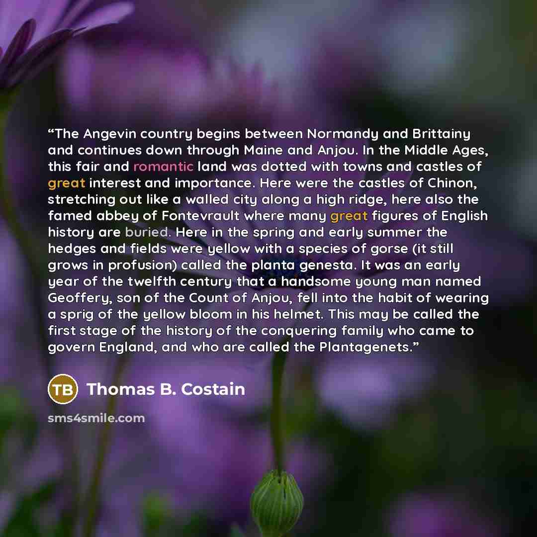 “The Angevin country begins between Normandy and Brittainy and continues down through Maine and Anjou. In the Middle Ages, this fair and romantic land was dotted with towns and castles of great interest and importance. Here were the castles of Chinon, stretching out like a walled city along a high…” quote by Thomas B. Costain