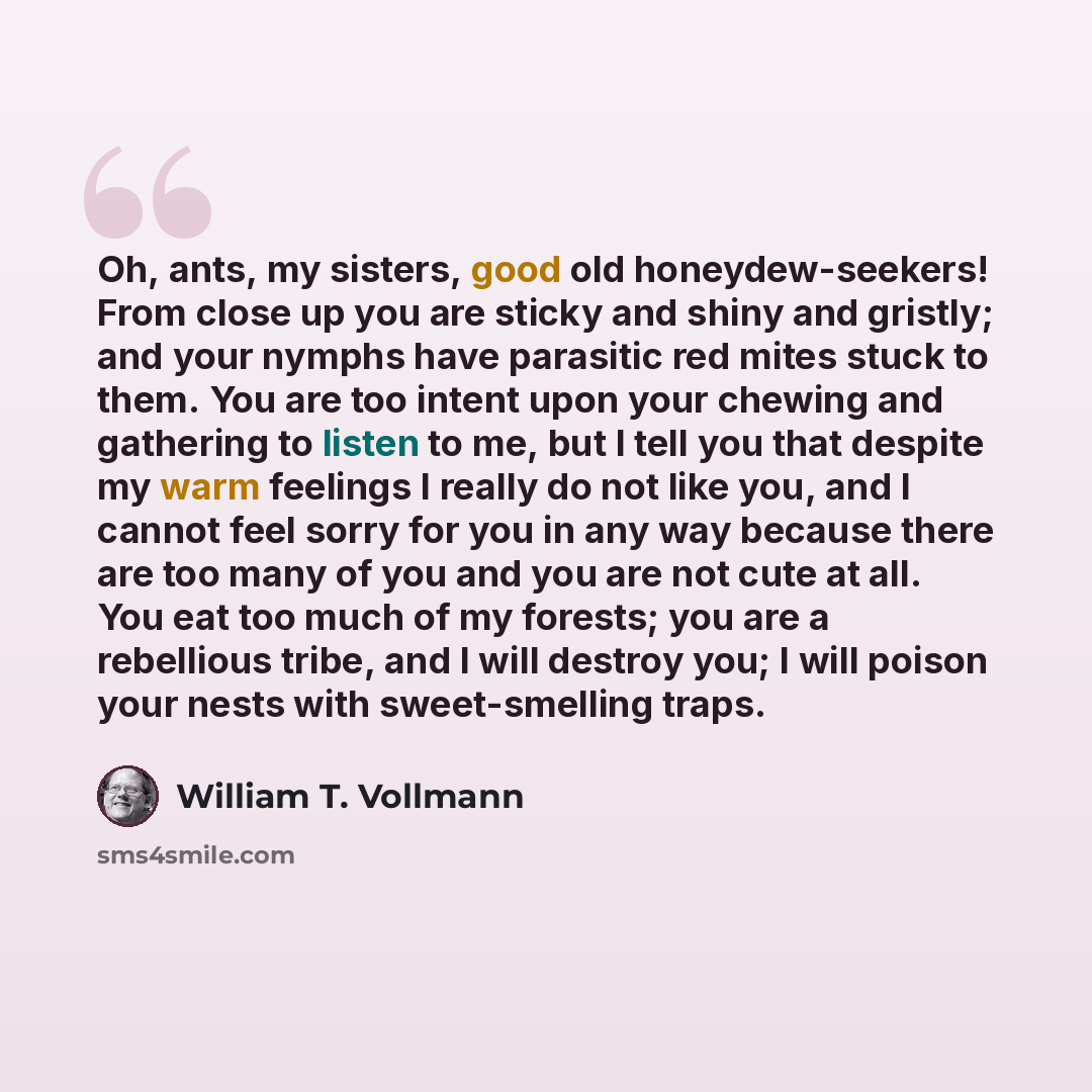 “Oh, ants, my sisters, good old honeydew-seekers! From close up you are sticky and shiny and gristly; and your nymphs have parasitic red mites stuck to them. You are too intent upon your chewing and gathering to listen to me, but I tell you that despite my warm feelings I really do not like you…” quote by William T. Vollmann