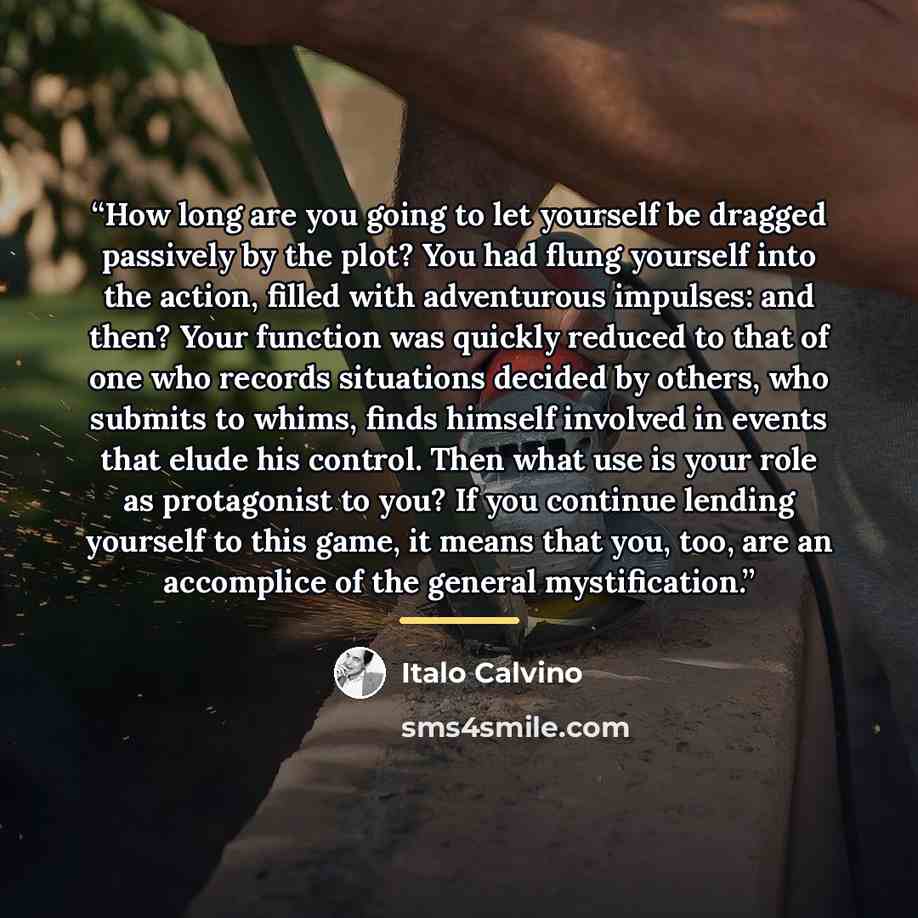 “How long are you going to let yourself be dragged passively by the plot? You had flung yourself into the action, filled with adventurous impulses: and then? Your function was quickly reduced to that of one who records situations decided by others, who submits to whims, finds himself involved in…” quote by Italo Calvino
