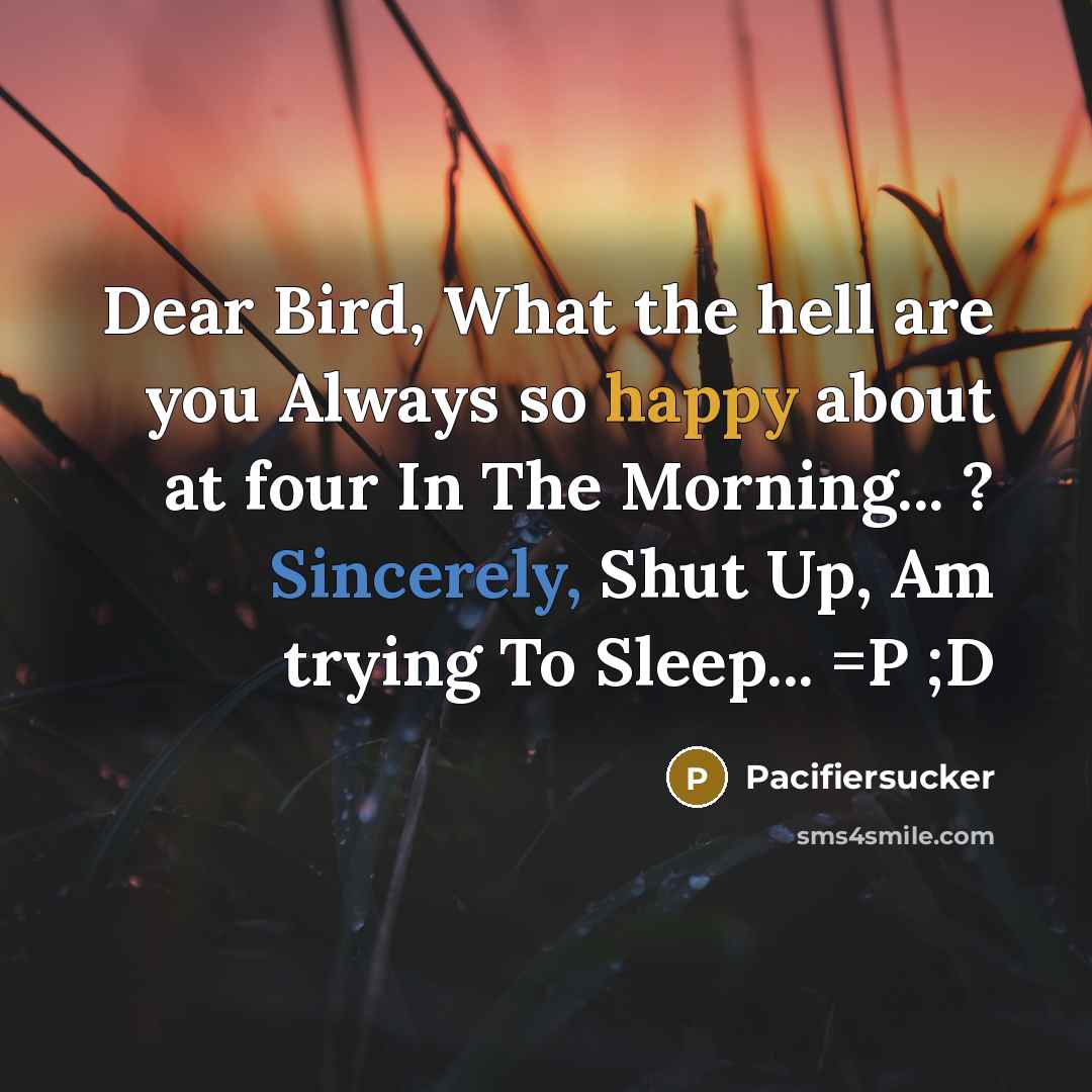 “Dear Bird, What the hell are you Always so happy about at four In The Morning... ? Sincerely, Shut Up, Am trying To Sleep... =P ;D” quote by Pacifiersucker