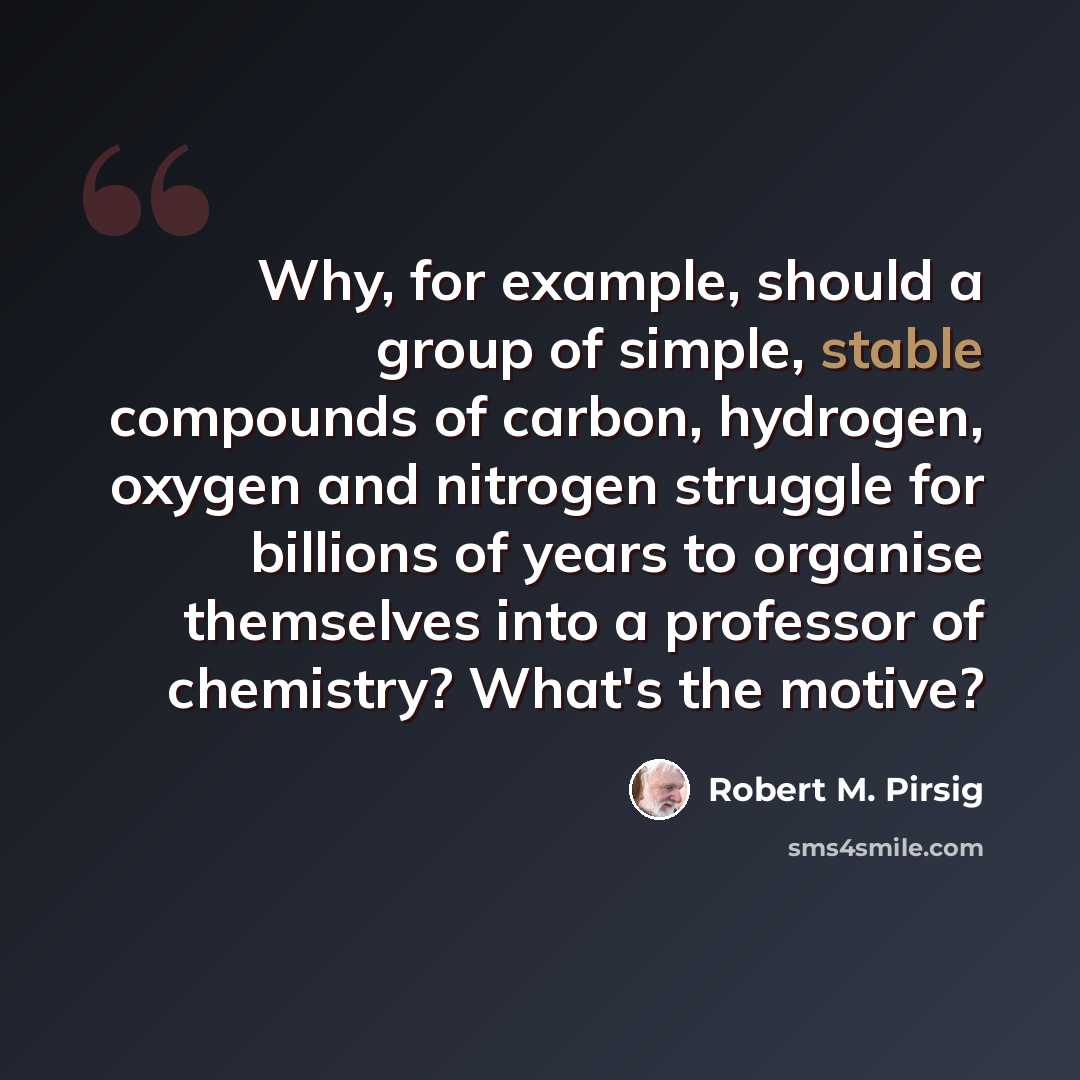 “Why, for example, should a group of simple, stable compounds of carbon, hydrogen, oxygen and nitrogen struggle for billions of years to organise themselves into a professor of chemistry? What's the motive?” quote by Robert M. Pirsig