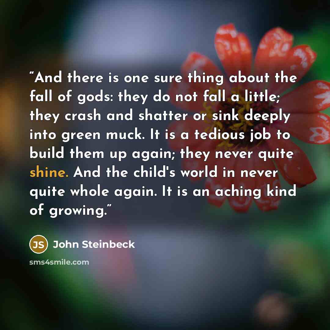 “And there is one sure thing about the fall of gods: they do not fall a little; they crash and shatter or sink deeply into green muck. It is a tedious job to build them up again; they never quite shine. And the child's world in never quite whole again. It is an aching kind of growing.” quote by John Steinbeck