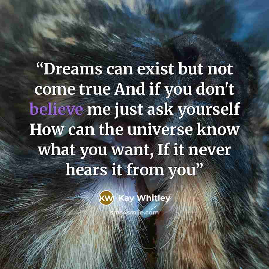 “Dreams can exist but not come true And if you don't believe me just ask yourself How can the universe know what you want, If it never hears it from you” quote by Kay Whitley