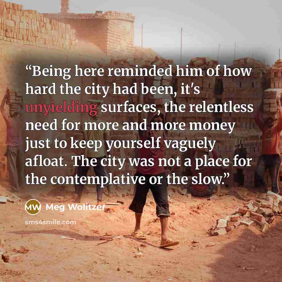 “Being here reminded him of how hard the city had been, it's unyielding surfaces, the relentless need for more and more money just to keep yourself vaguely afloat. The city was not a place for the contemplative or the slow.” quote by Meg Wolitzer