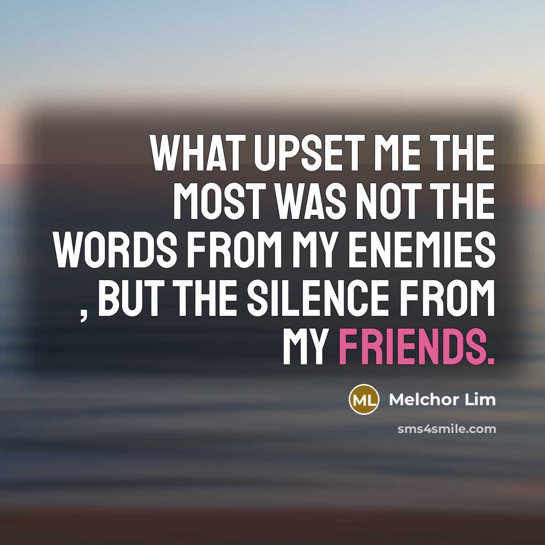 “What upset me the most was not the words from my enemies , but the silence from my friends.” quote by Melchor Lim