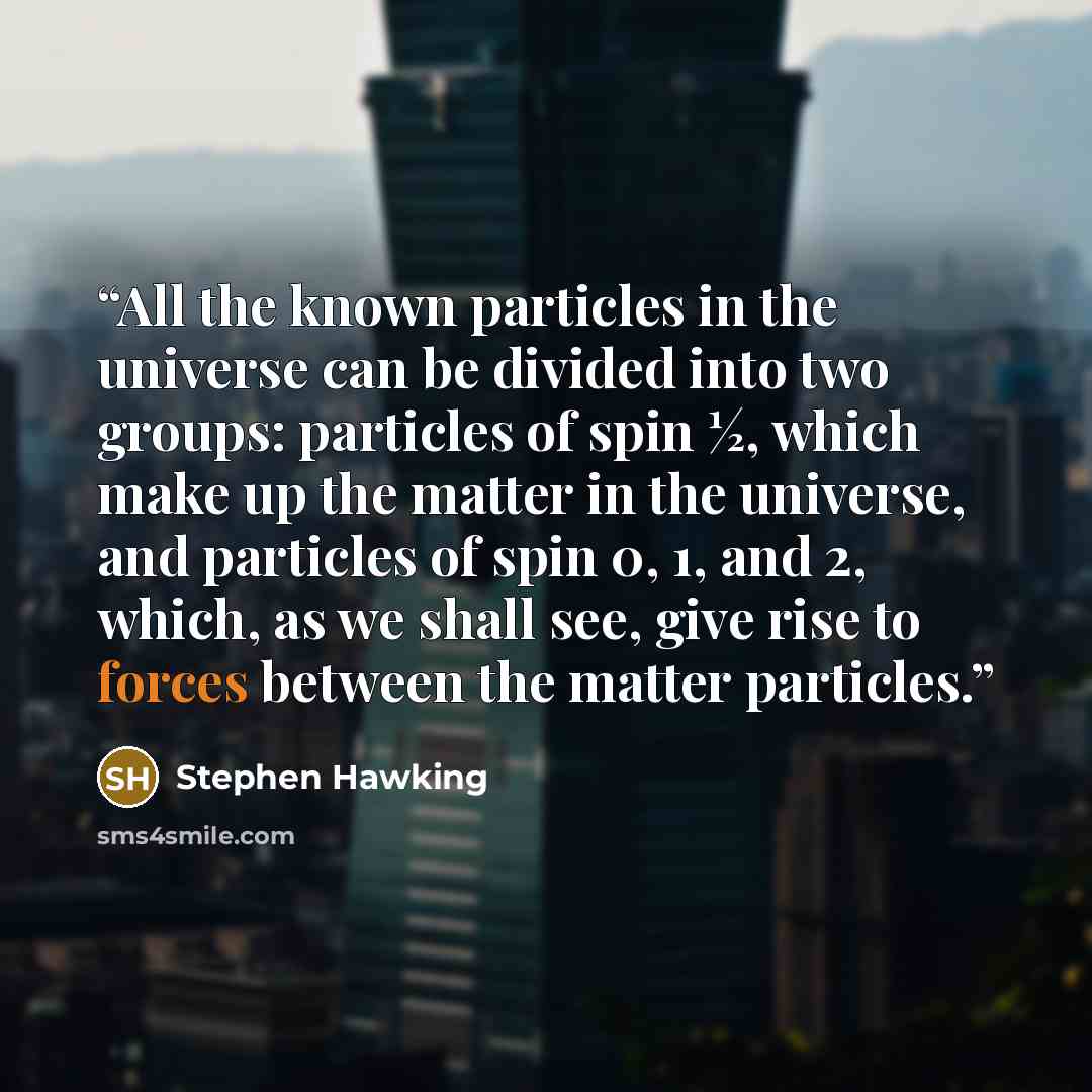 “All the known particles in the universe can be divided into two groups: particles of spin ½, which make up the matter in the universe, and particles of spin 0, 1, and 2, which, as we shall see, give rise to forces between the matter particles.” quote by Stephen Hawking