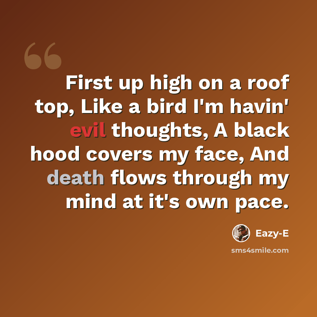 “First up high on a roof top, Like a bird I'm havin' evil thoughts, A black hood covers my face, And death flows through my mind at it's own pace.” quote by Eazy-E
