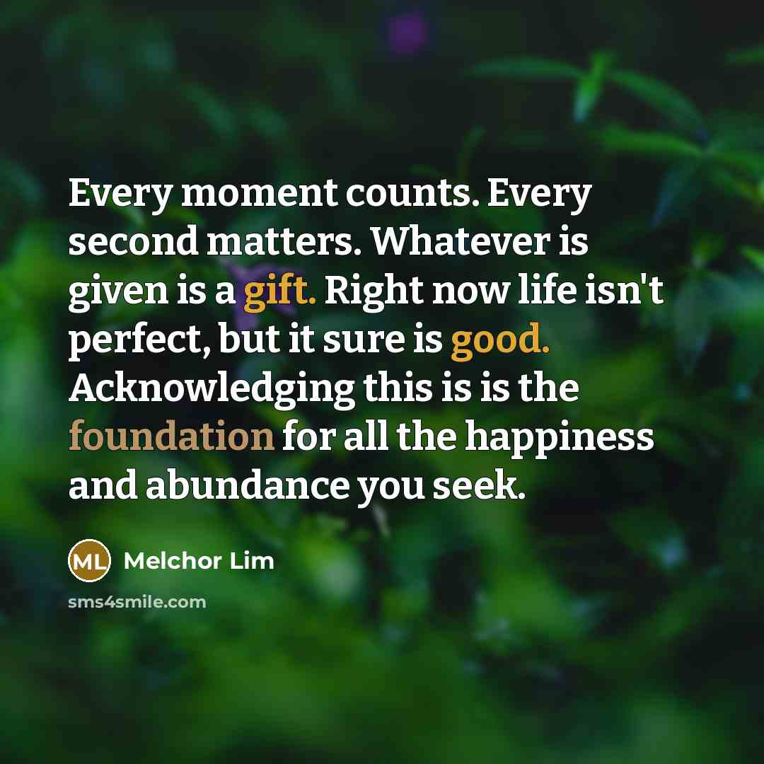 “Every moment counts. Every second matters. Whatever is given is a gift. Right now life isn't perfect, but it sure is good. Acknowledging this is is the foundation for all the happiness and abundance you seek.” quote by Melchor Lim