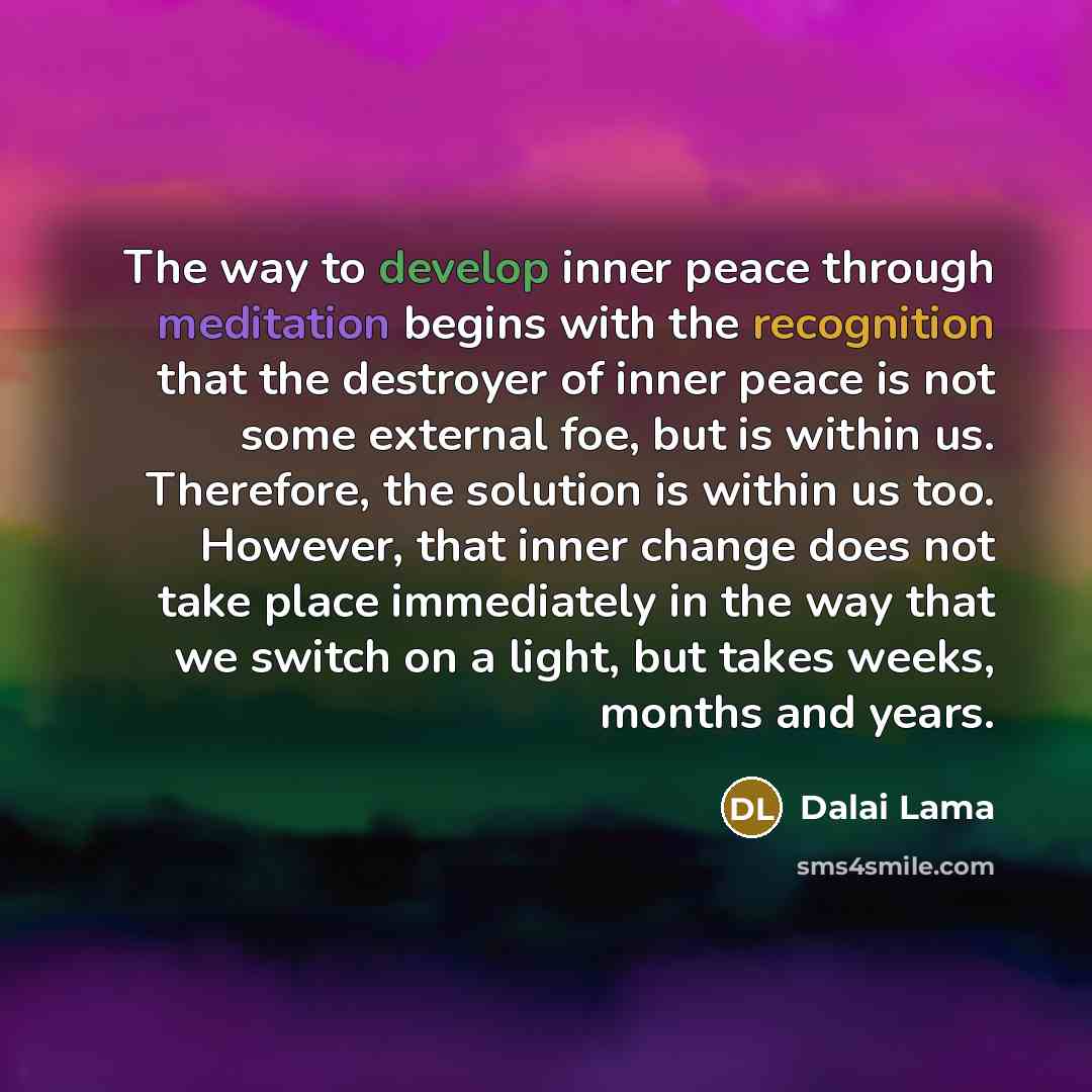 “The way to develop inner peace through meditation begins with the recognition that the destroyer of inner peace is not some external foe, but is within us. Therefore, the solution is within us too. However, that inner change does not take place immediately in the way that we switch on a light, but…” quote by Dalai Lama