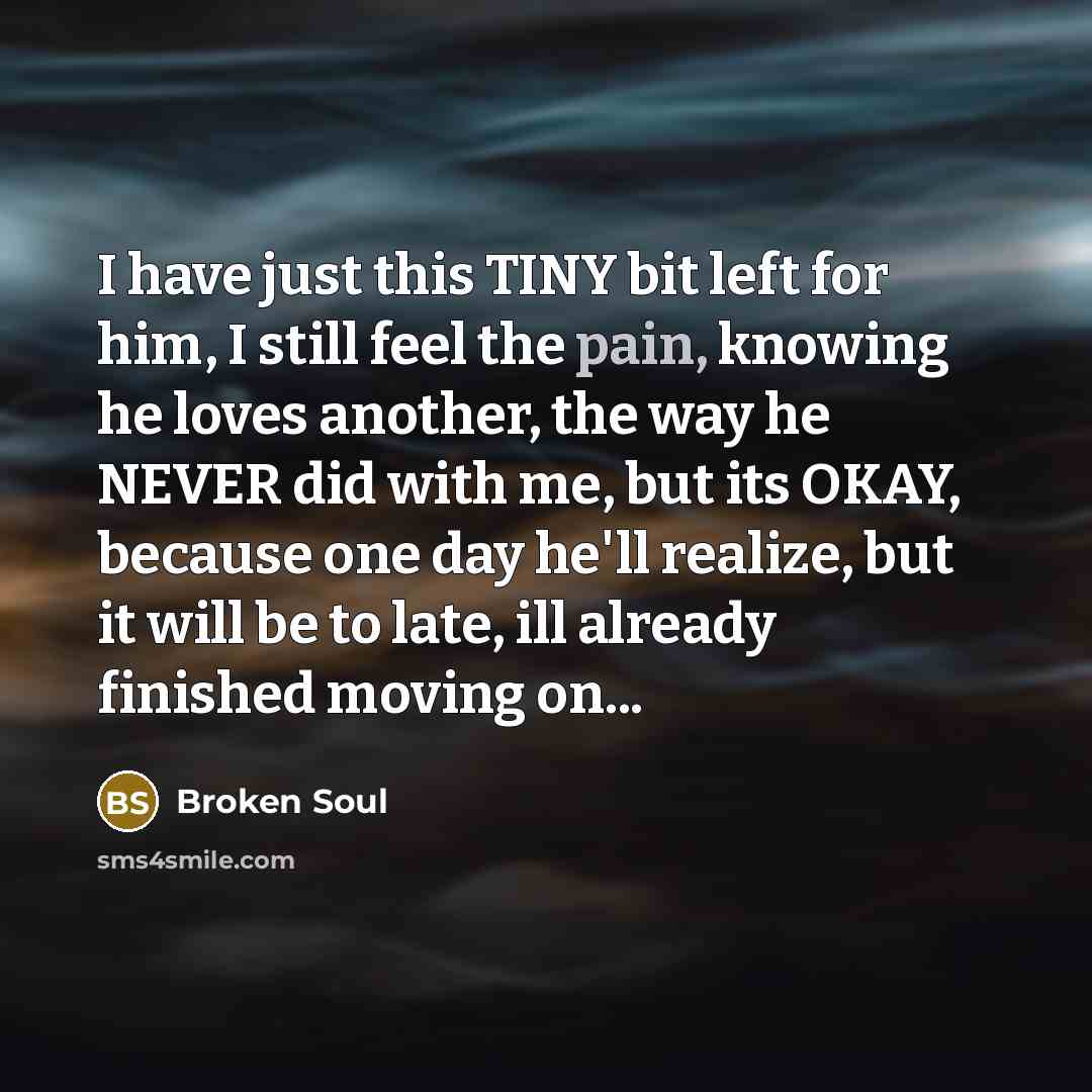 “I have just this TINY bit left for him, I still feel the pain, knowing he loves another, the way he NEVER did with me, but its OKAY, because one day he'll realize, but it will be to late, ill already finished moving on...” quote by Broken Soul