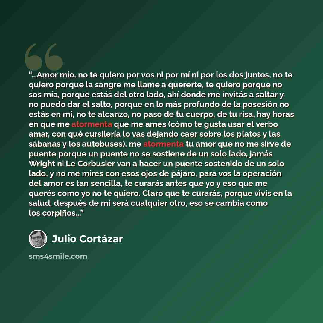 “...Amor mío, no te quiero por vos ni por mí ni por los dos juntos, no te quiero porque la sangre me llame a quererte, te quiero porque no sos mía, porque estás del otro lado, ahí donde me invitás a saltar y no puedo dar el salto, porque en lo más profundo de la posesión no estás en mí, no te…” quote by Julio Cortázar
