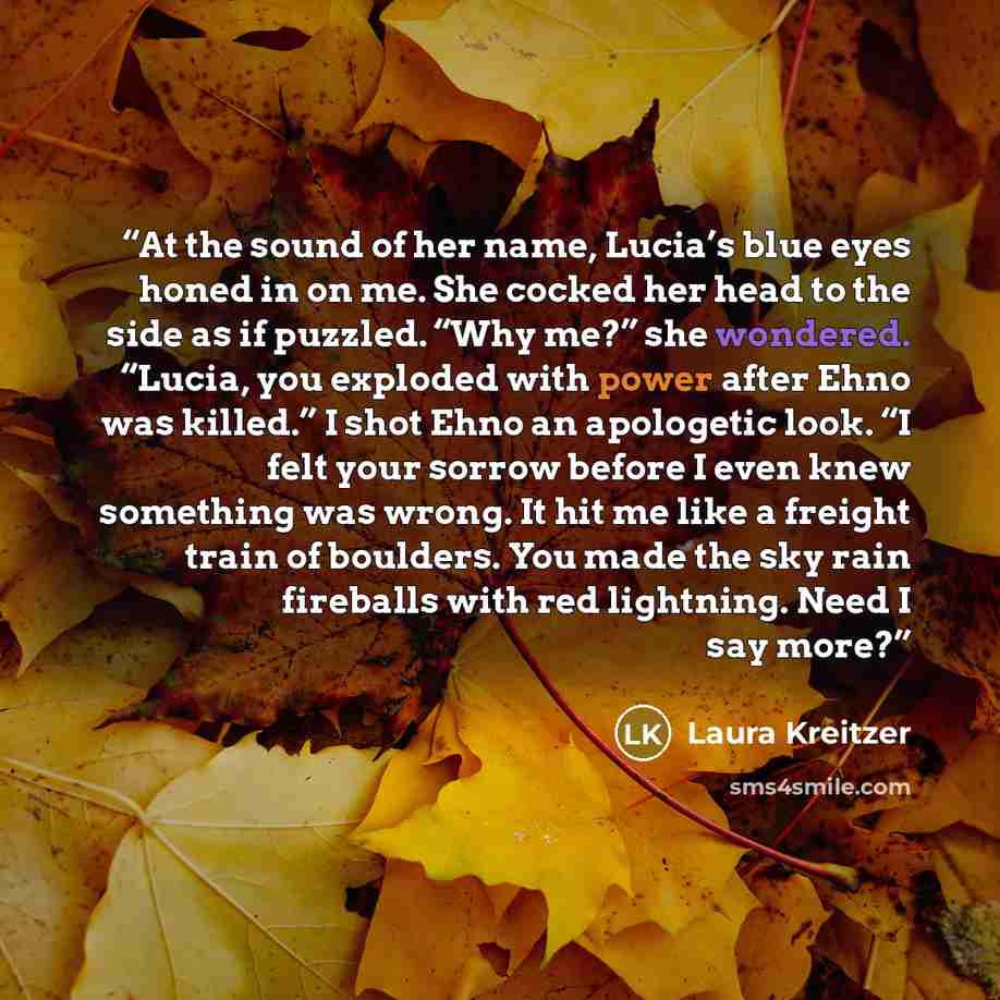 “At the sound of her name, Lucia’s blue eyes honed in on me. She cocked her head to the side as if puzzled. “Why me?” she wondered. “Lucia, you exploded with power after Ehno was killed.” I shot Ehno an apologetic look. “I felt your sorrow before I even knew something was wrong. It hit me like a…” quote by Laura Kreitzer