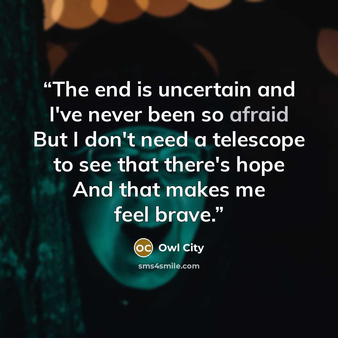 “The end is uncertain and I've never been so afraid But I don't need a telescope to see that there's hope And that makes me feel brave.” quote by Owl City