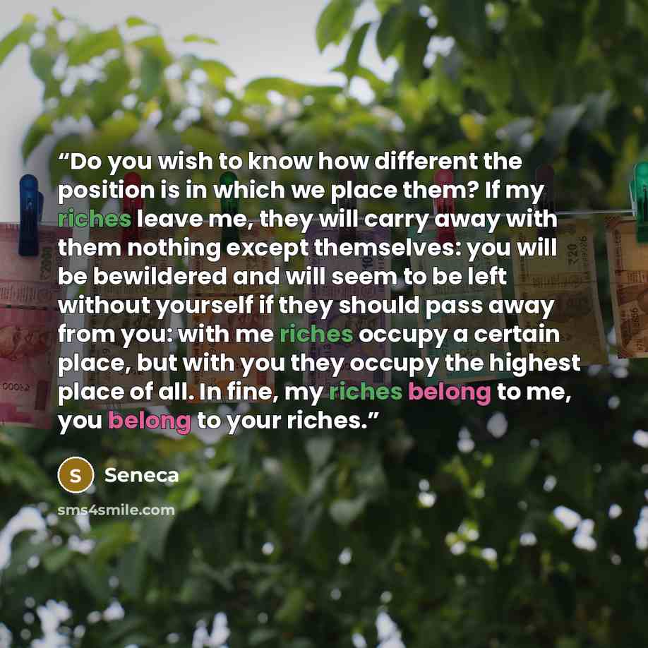 “Do you wish to know how different the position is in which we place them? If my riches leave me, they will carry away with them nothing except themselves: you will be bewildered and will seem to be left without yourself if they should pass away from you: with me riches occupy a certain place, but…” quote by Seneca