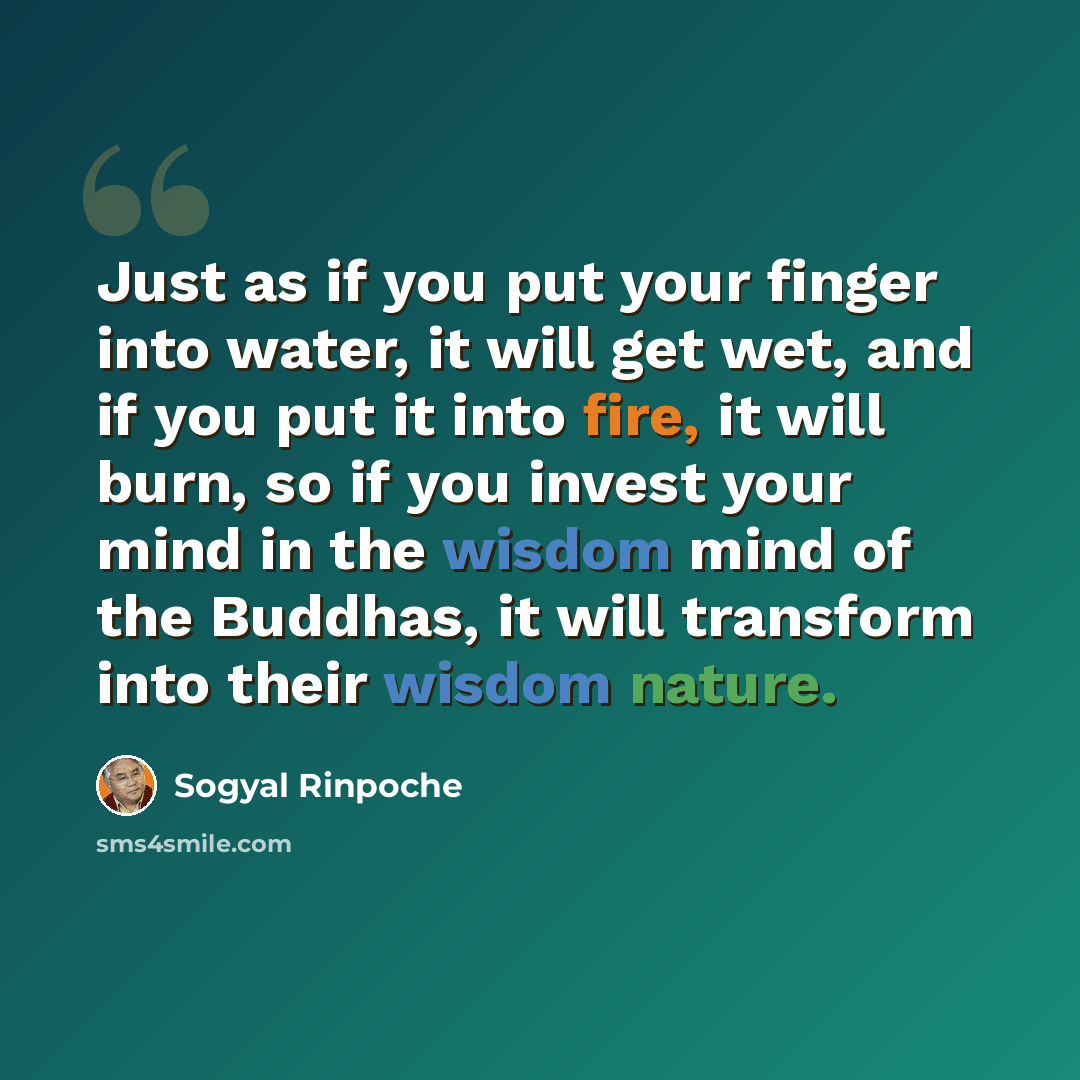 “Just as if you put your finger into water, it will get wet, and if you put it into fire, it will burn, so if you invest your mind in the wisdom mind of the Buddhas, it will transform into their wisdom nature.” quote by Sogyal Rinpoche
