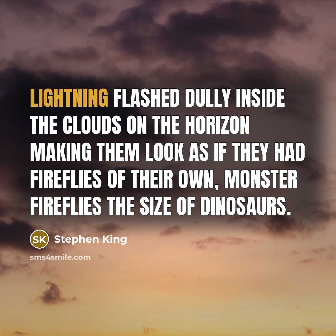 “Lightning flashed dully inside the clouds on the horizon making them look as if they had fireflies of their own, monster fireflies the size of dinosaurs.” quote by Stephen King