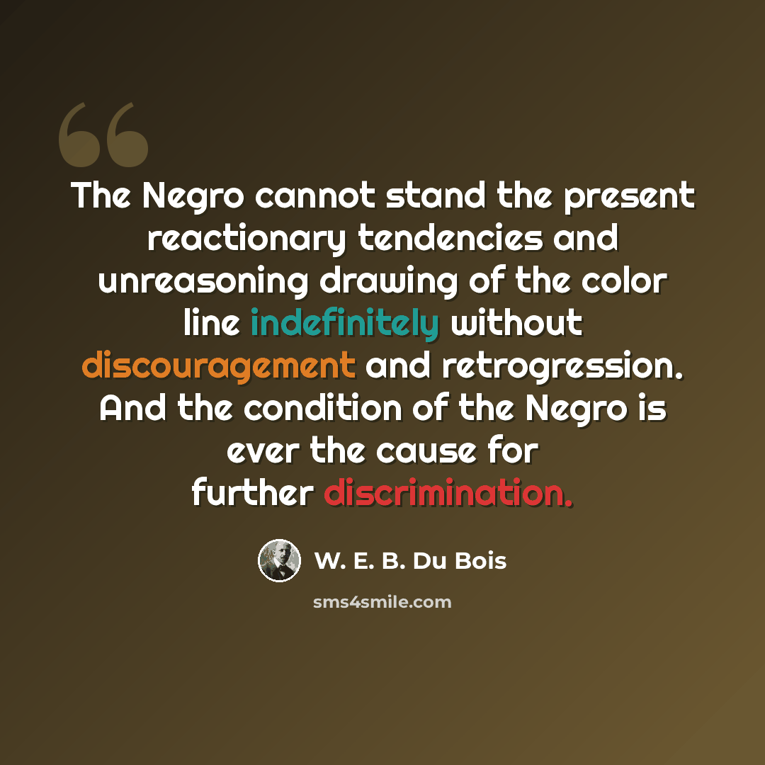 “The Negro cannot stand the present reactionary tendencies and unreasoning drawing of the color line indefinitely without discouragement and retrogression. And the condition of the Negro is ever the cause for further discrimination.” quote by W. E. B. Du Bois