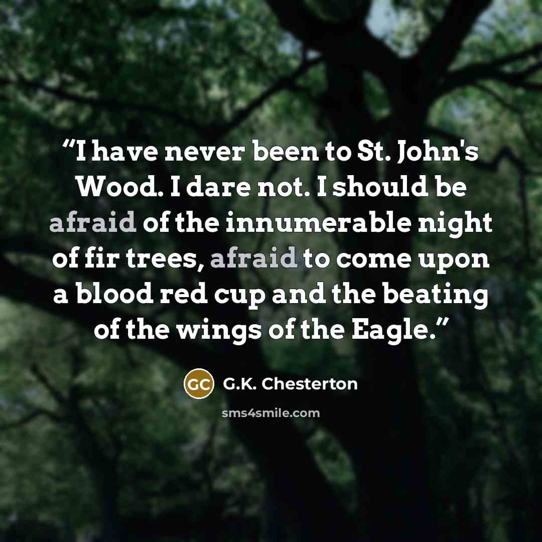“I have never been to St. John's Wood. I dare not. I should be afraid of the innumerable night of fir trees, afraid to come upon a blood red cup and the beating of the wings of the Eagle.” quote by G.K. Chesterton