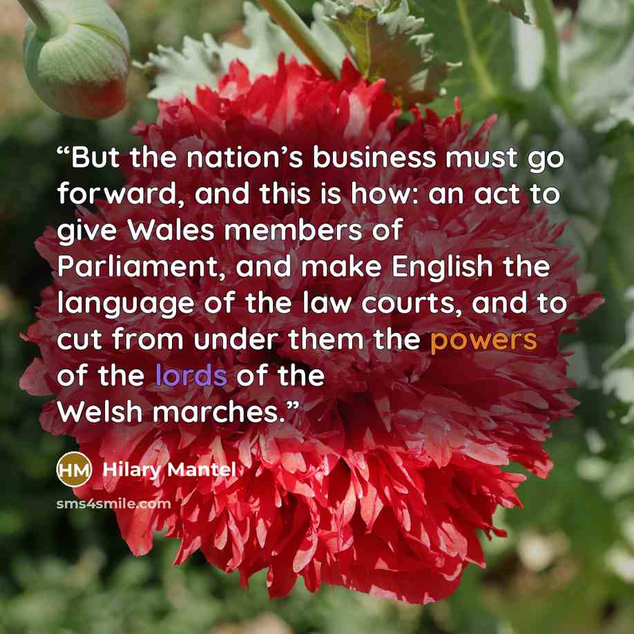 “But the nation’s business must go forward, and this is how: an act to give Wales members of Parliament, and make English the language of the law courts, and to cut from under them the powers of the lords of the Welsh marches.” quote by Hilary Mantel