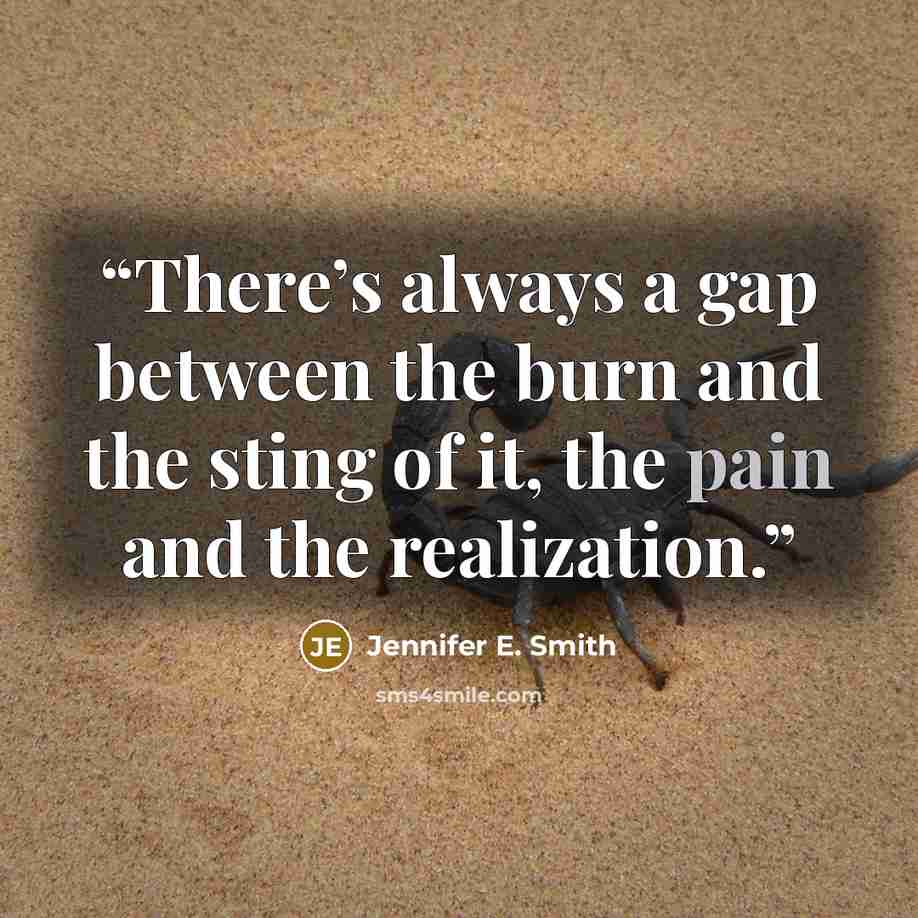“There’s always a gap between the burn and the sting of it, the pain and the realization.” quote by Jennifer E. Smith