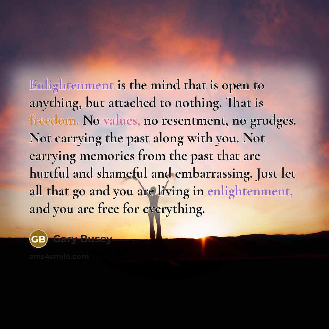 “Enlightenment is the mind that is open to anything, but attached to nothing. That is freedom. No values, no resentment, no grudges. Not carrying the past along with you. Not carrying memories from the past that are hurtful and shameful and embarrassing. Just let all that go and you are living in…” quote by Gary Busey