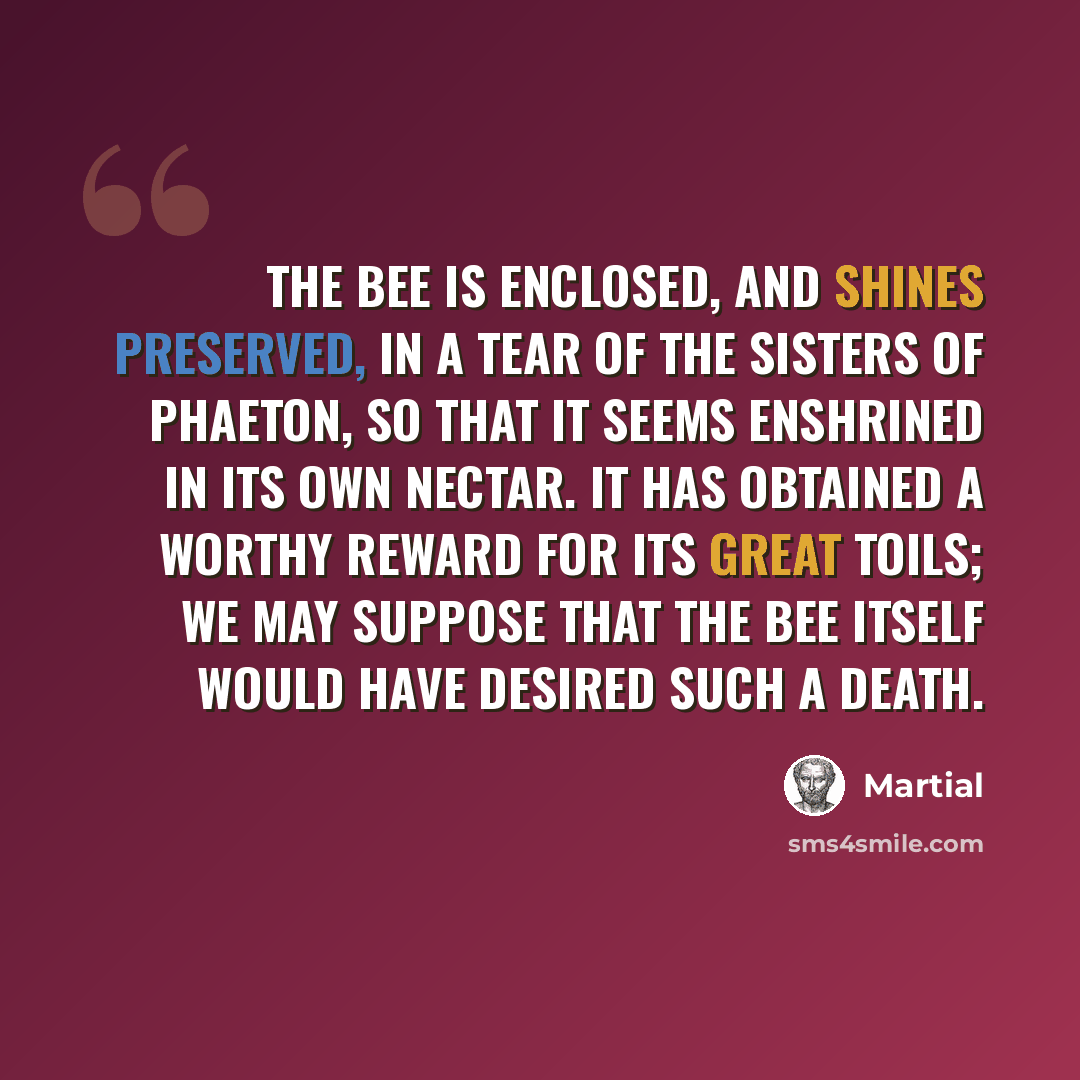 “The bee is enclosed, and shines preserved, in a tear of the sisters of Phaeton, so that it seems enshrined in its own nectar. It has obtained a worthy reward for its great toils; we may suppose that the bee itself would have desired such a death.” quote by Martial