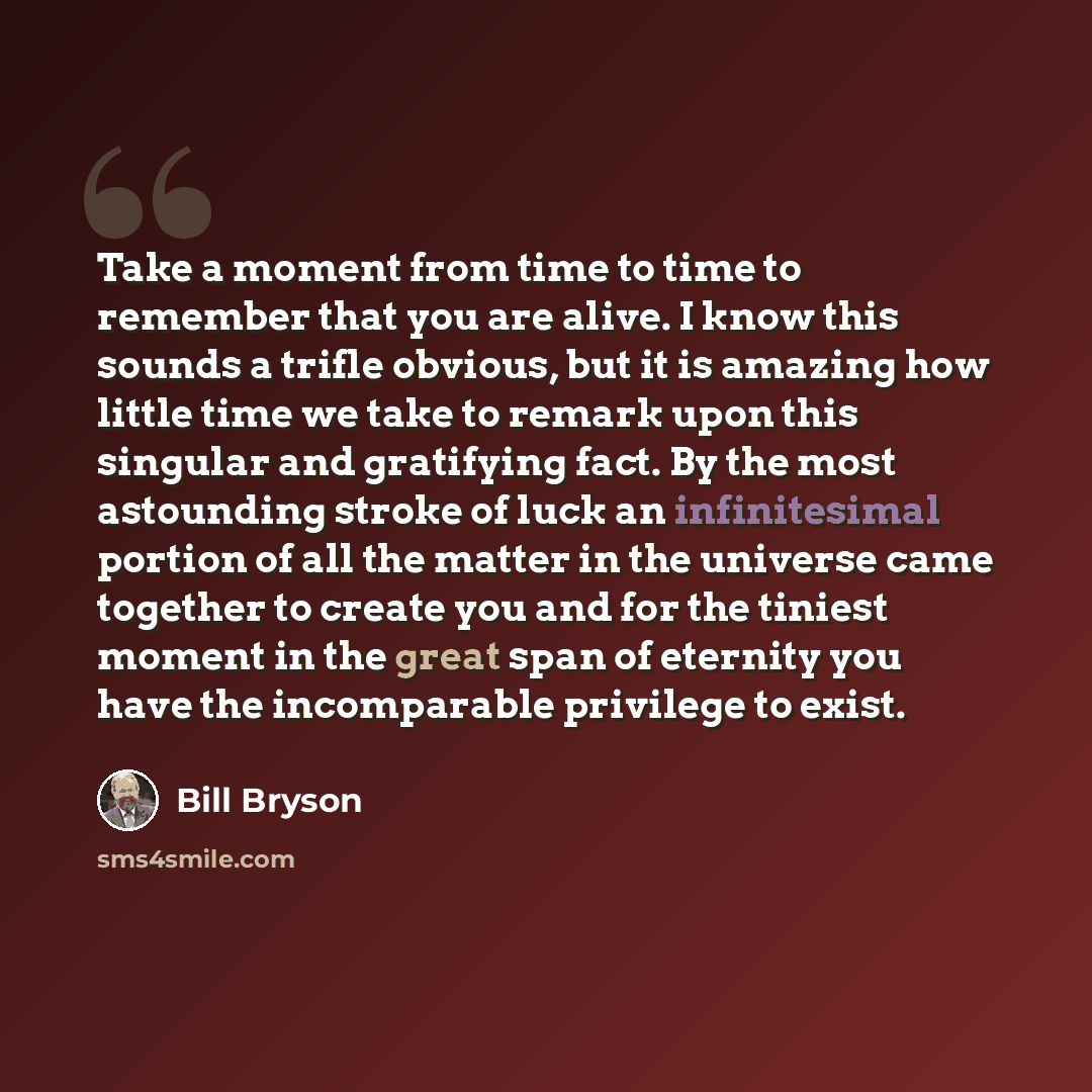 “Take a moment from time to time to remember that you are alive. I know this sounds a trifle obvious, but it is amazing how little time we take to remark upon this singular and gratifying fact. By the most astounding stroke of luck an infinitesimal portion of all the matter in the universe came…” quote by Bill Bryson