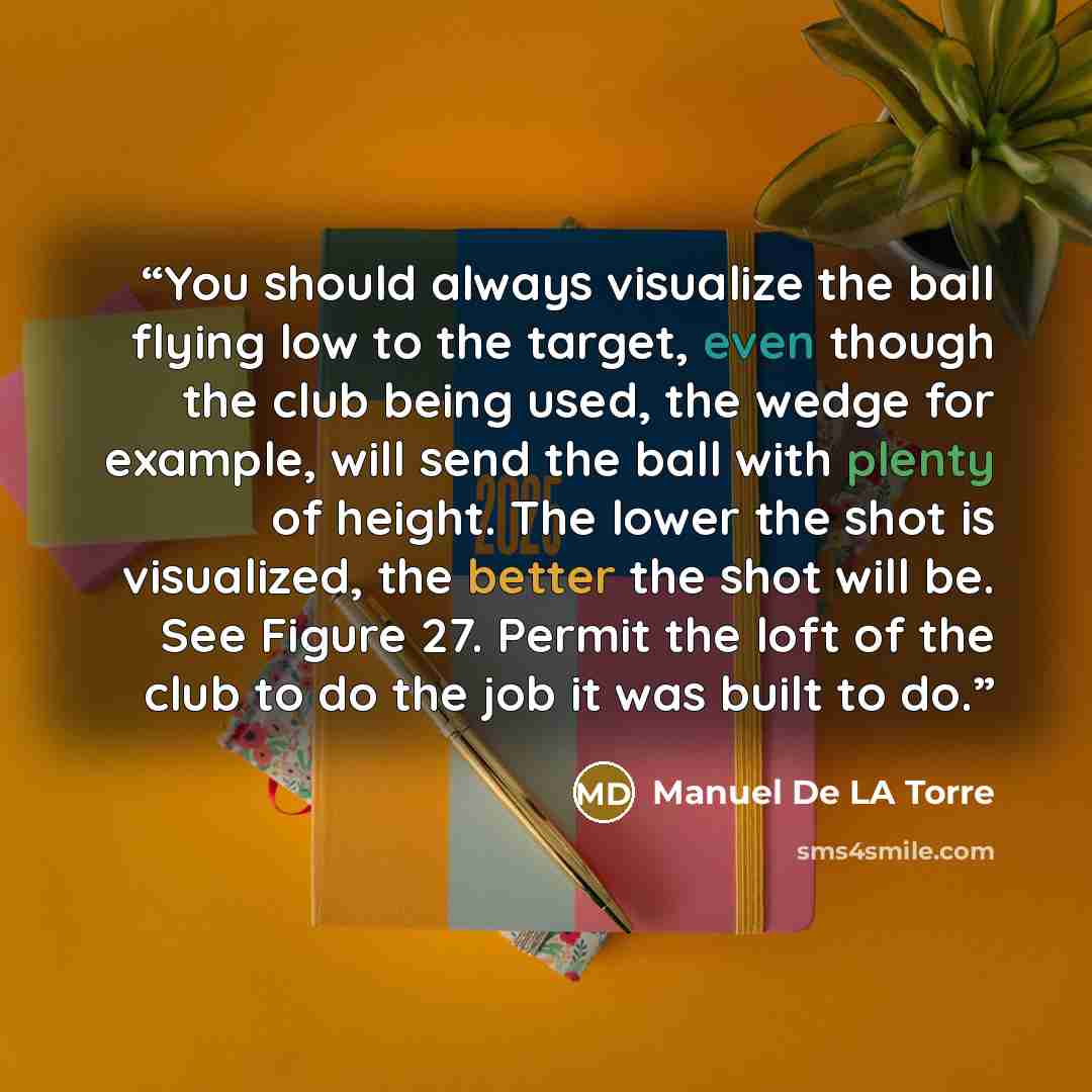 “You should always visualize the ball flying low to the target, even though the club being used, the wedge for example, will send the ball with plenty of height. The lower the shot is visualized, the better the shot will be. See Figure 27. Permit the loft of the club to do the job it was built to do.” quote by Manuel De LA Torre