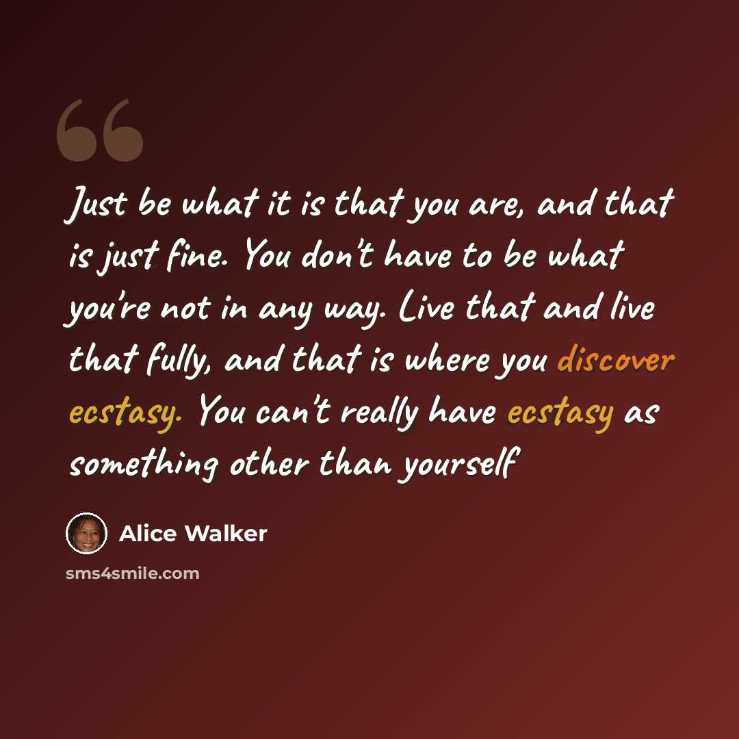 “Just be what it is that you are, and that is just fine. You don't have to be what you're not in any way. Live that and live that fully, and that is where you discover ecstasy. You can't really have ecstasy as something other than yourself” quote by Alice Walker