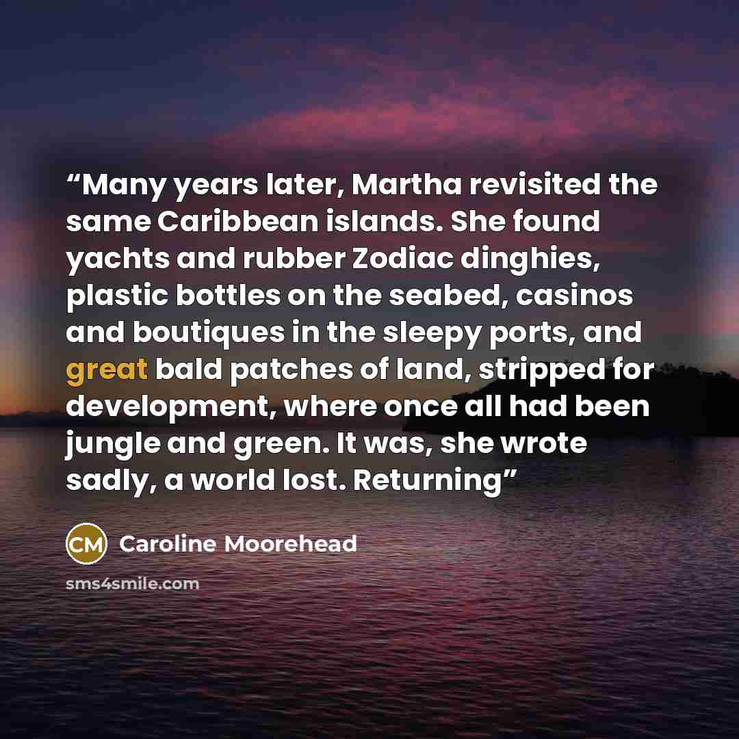 “Many years later, Martha revisited the same Caribbean islands. She found yachts and rubber Zodiac dinghies, plastic bottles on the seabed, casinos and boutiques in the sleepy ports, and great bald patches of land, stripped for development, where once all had been jungle and green. It was, she…” quote by Caroline Moorehead