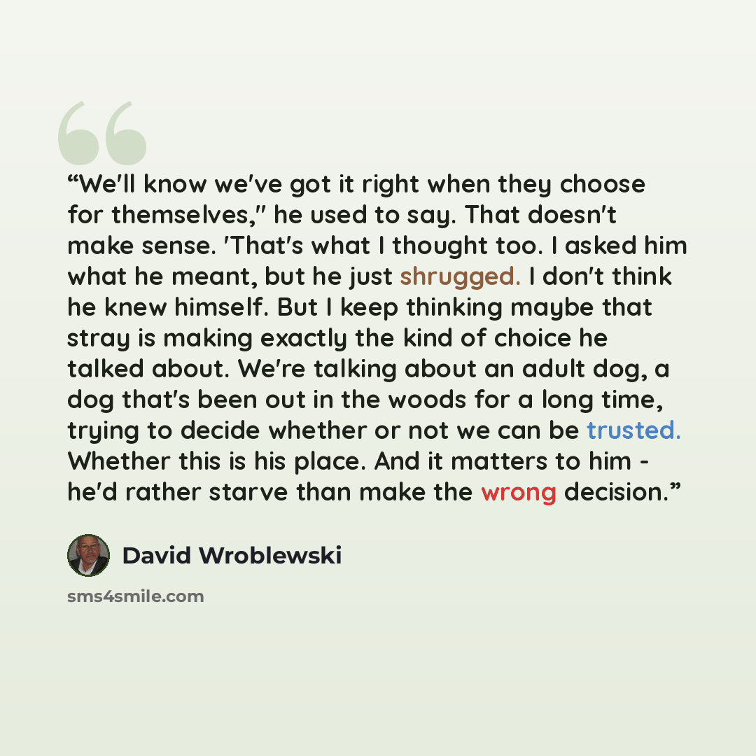 “We'll know we've got it right when they choose for themselves," he used to say. That doesn't make sense. 'That's what I thought too. I asked him what he meant, but he just shrugged. I don't think he knew himself. But I keep thinking maybe that stray is making exactly the kind of choice he talked…” quote by David Wroblewski