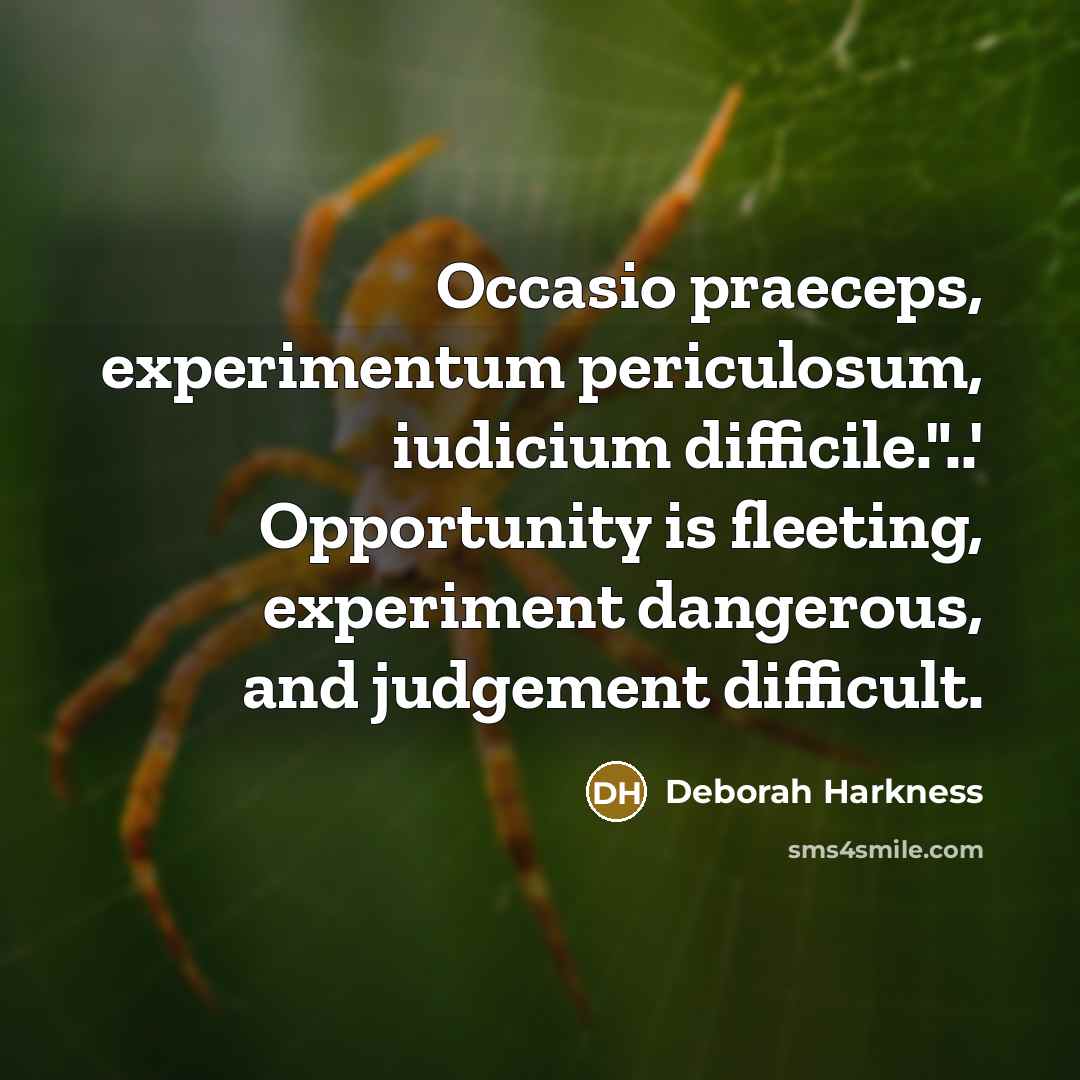 “Occasio praeceps, experimentum periculosum, iudicium difficile."..' Opportunity is fleeting, experiment dangerous, and judgement difficult.” quote by Deborah Harkness
