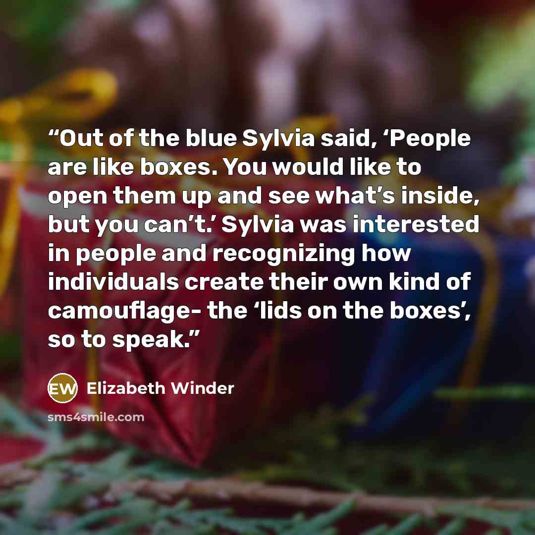 “Out of the blue Sylvia said, ‘People are like boxes. You would like to open them up and see what’s inside, but you can’t.’ Sylvia was interested in people and recognizing how individuals create their own kind of camouflage- the ‘lids on the boxes’, so to speak.” quote by Elizabeth Winder