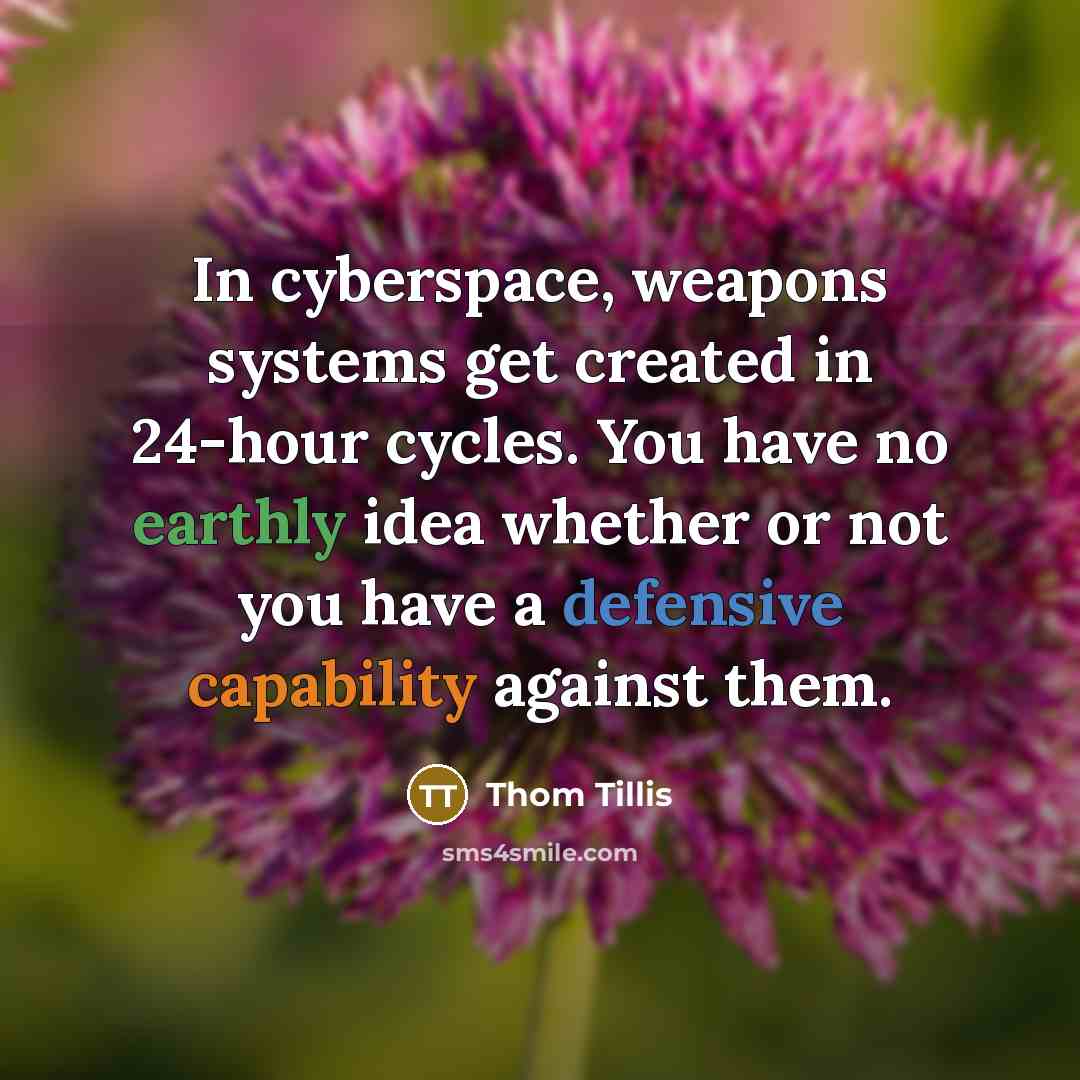 “In cyberspace, weapons systems get created in 24-hour cycles. You have no earthly idea whether or not you have a defensive capability against them.” quote by Thom Tillis